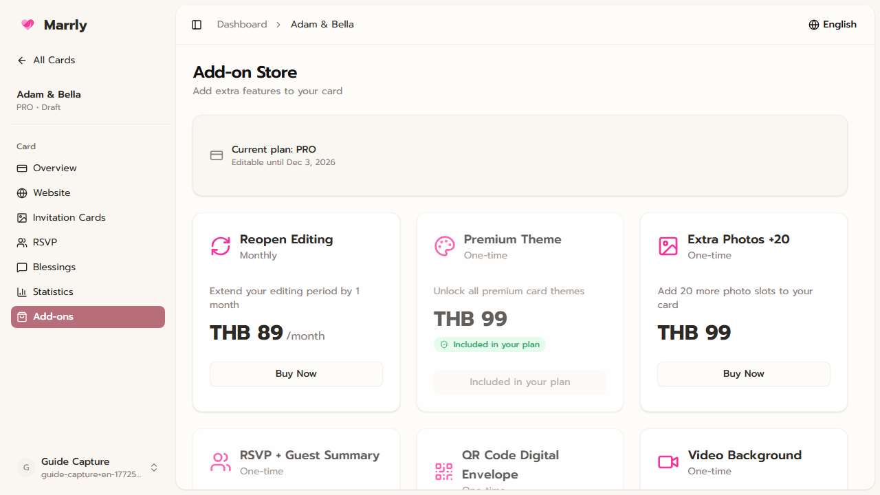 Add-ons page in the Marrly Dashboard