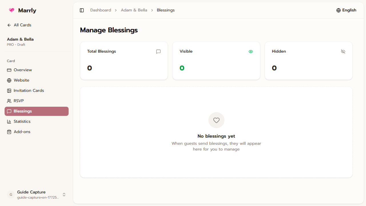 Blessings page in the Marrly Dashboard