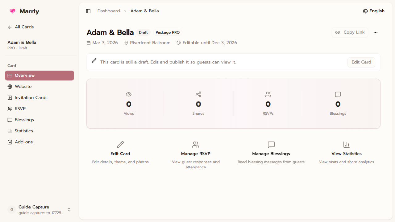 Website card overview screen
