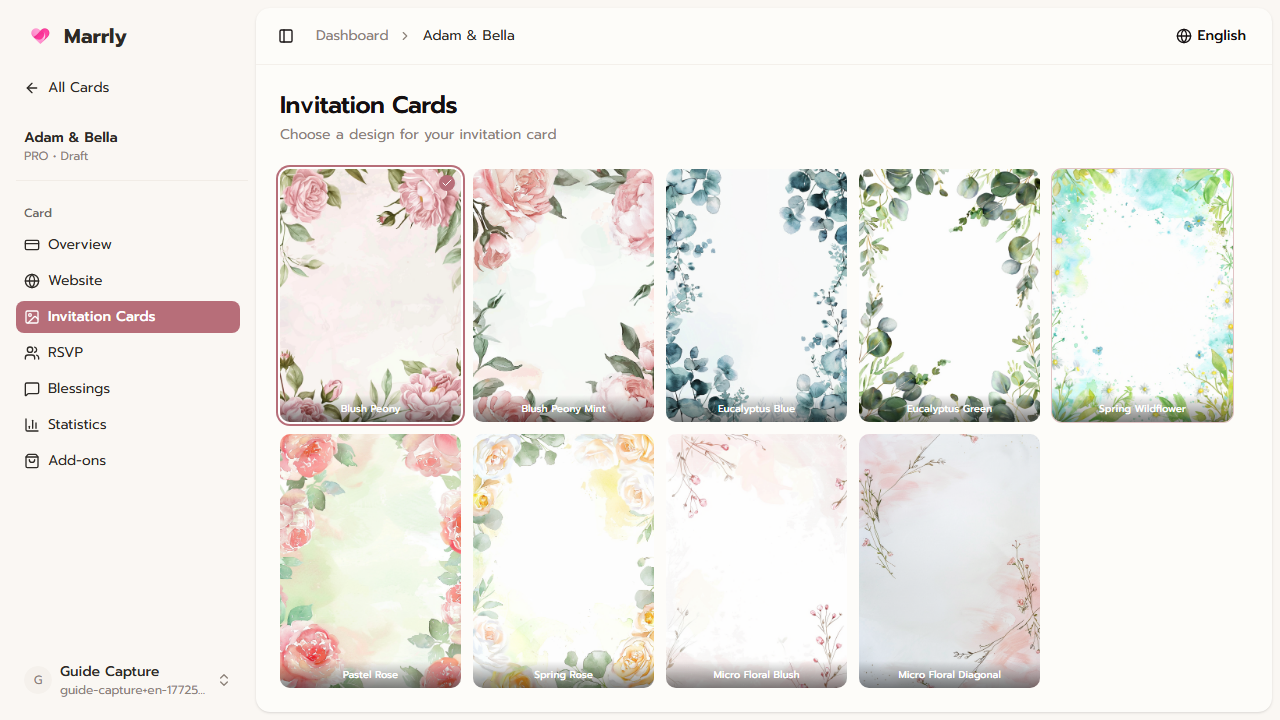 Flat Cards page in the Marrly Dashboard